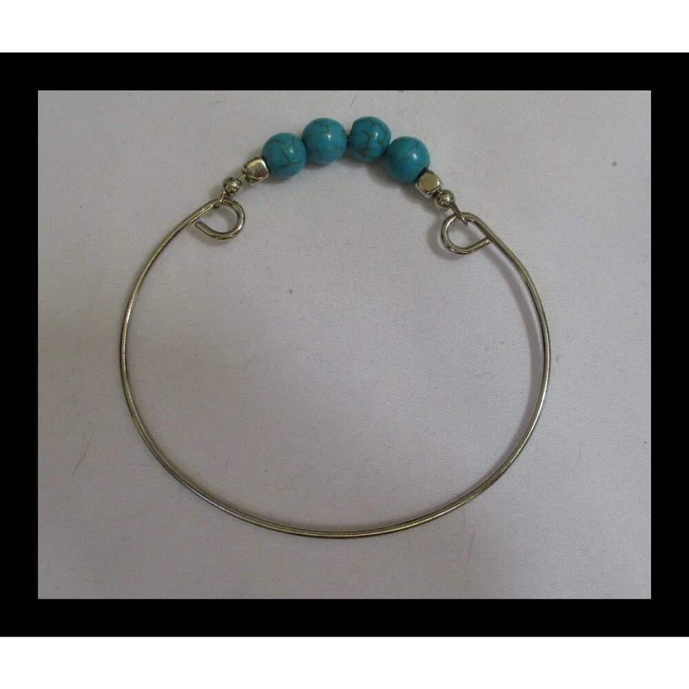 Silver Tone Faux Turquoise Bangle Bracelet Small 2-3/4 Opening BR-03